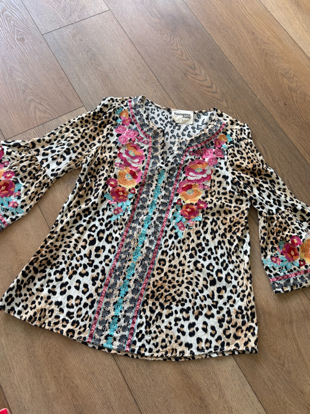 Savanna Jane Leopard Print Blouse with Pink, Turquoise & Gold Floral Embroidery
